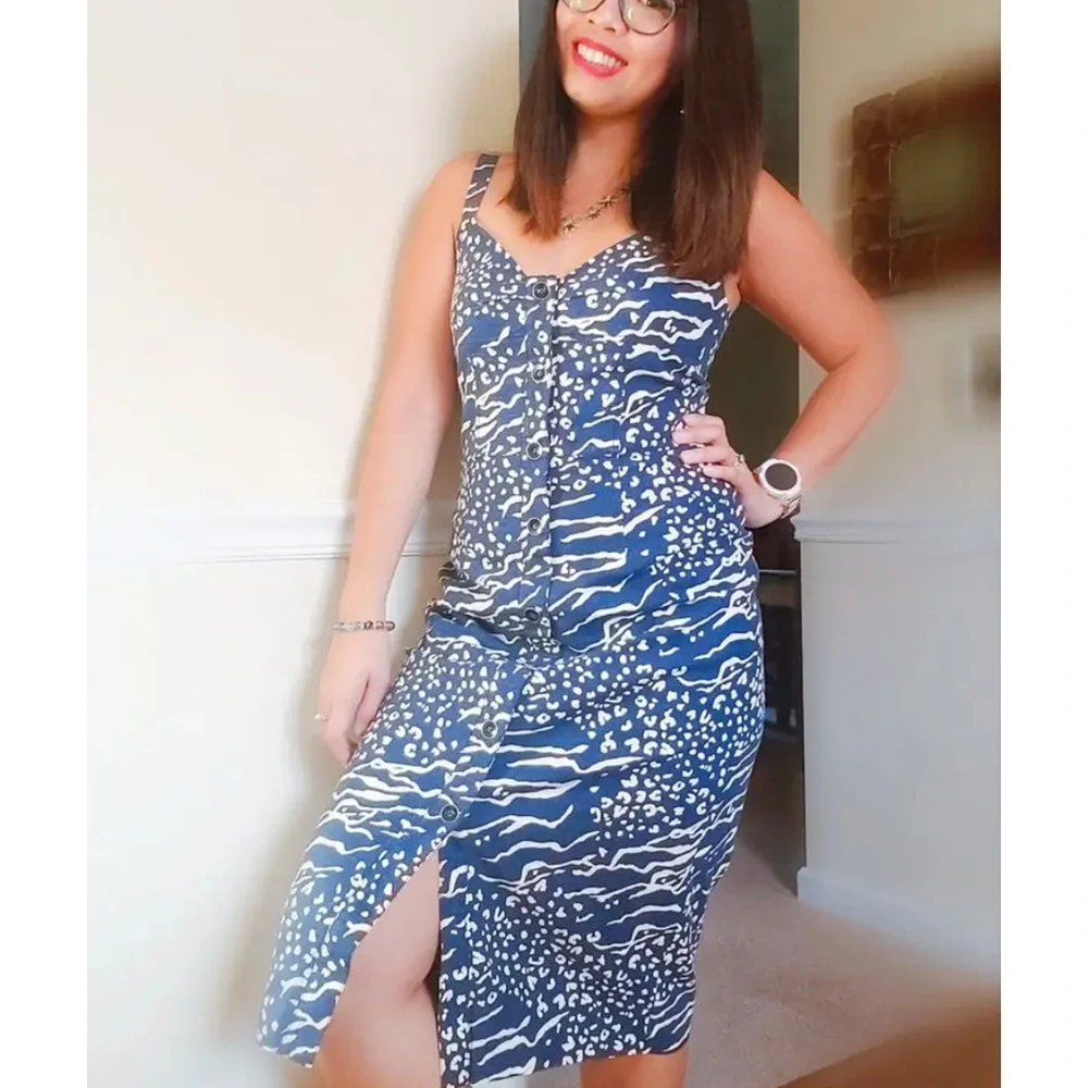 Tanya Taylor Blue Tropical Midi Dress SIZE 22 Linen Sundress Designer $500